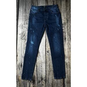 Boohooman Distressed Paint Splatter Skinny Jeans Size 32x30 Blue Stretch Button